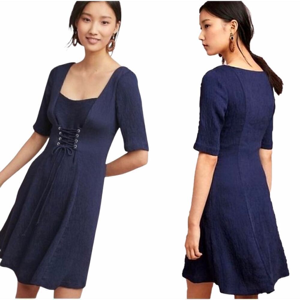 Maeve Anthropologie Navy Blue Lace Up Corset Front Crepe Midi Dress Size‎ 12 NEW